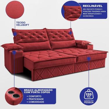 Imagem de Sofá Retrátil E Reclinável 2,40m Com Porta Copos E Molas Cosmos. Velusoft Cama Inbox Vermelho