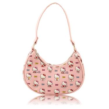 Imagem de Bolsa de mão Sanrio Hello Kitty Hobo para meninas | Bolsa de ombro transversal com alça ajustável | Pequena bolsa infantil de couro PU, bolsa pré-escolar, bolsa de uso diário ou mini bolsa de viagem
