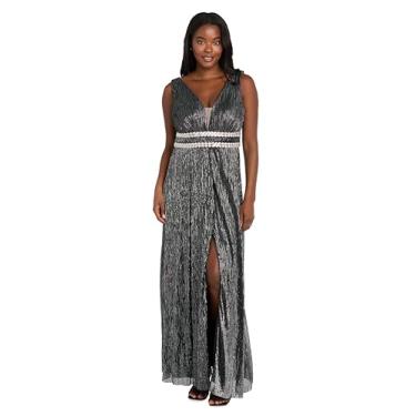 Imagem de R&M Richards Vestido maxi plissado feminino com decote em V ilusão, cintura embelezada e fenda frontal - vestido de festa e coquetel, Preto, 52