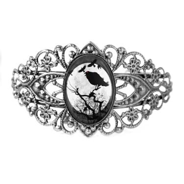 Imagem de Pulseira de filigrana de corvo e lua cheia - Halloween gótico feito à mão, bronze antigo prata ou preto, joia de vidro vintage estilo vitoriano feita à mão - 955-2-CB, Adjustable, Vidro, Sem Pedra