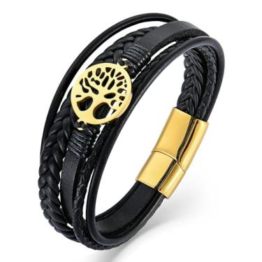 Imagem de Vesitim Pulseira masculina de couro multifios, joia trançada árvore da vida de aço inoxidável com prata/preto/dourado/cor café, 8.46in, Aço inoxidável, Sem Pedra Preciosa