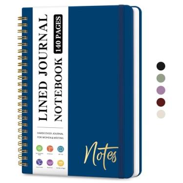 Imagem de Caderno de diário espiral forrado para mulheres, diários pautados pela faculdade A5 para escrever, cadernos de capa dura para trabalho, anotações e material escolar de escritório, 140 páginas - azul