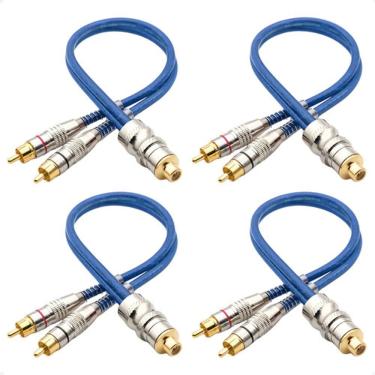 Imagem de 4 Cabos Y Rca 2 Machos 1 Fêmea Prime Plug Metal 5mm Azul Blindado Pontas Banhados A Ouro Químico
