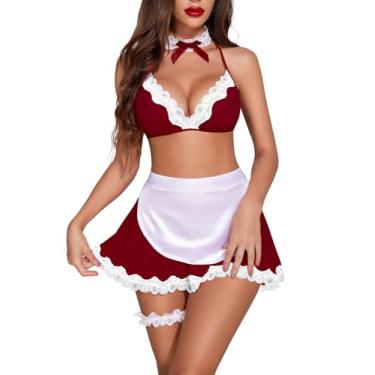 Imagem de Avidlove Lingerie sexy de empregada doméstica para mulheres, conjunto de lingerie cosplay, fantasias de Natal sexy (pacote com 6), Vinho tinto, GG