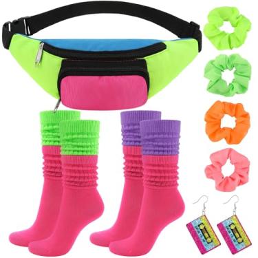 Imagem de Conjunto de acessórios de fantasia dos anos 80, pochete retrô neon faixa de cabelo luvas arrastão pulseira brinco colar meia para festa de Halloween, Colorido., One Size