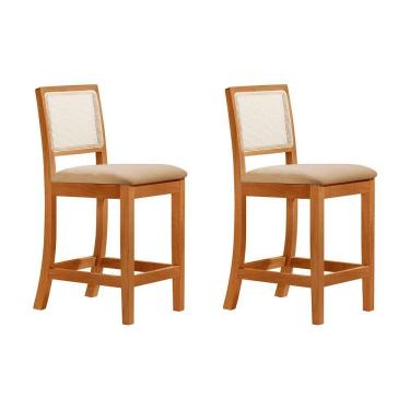 Imagem de Kit 2 Banquetas Altas Em Tela Sextavadas Assento Estofado Linho Bege Rubi Madeira Maciça Mel