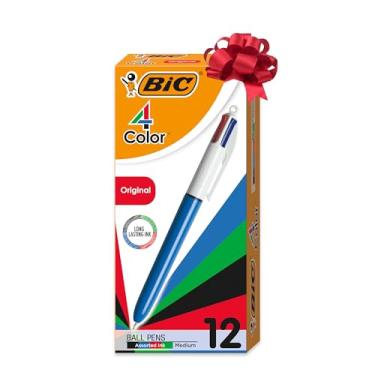 Imagem de Caneta Esferográfica Retrátil BIC, 4 Cores Clássicas, Corpo Azul, Ponta Média de 1.0mm, Pacote com 12 unidades