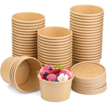 Imagem de Pacote com 50 copos descartáveis de sopa de papel, copos de sopa, marrom Kraft de 236 ml descartáveis com tampas, recipientes de sopa de papel para sorvete, ótimo para restaurantes, remessas ou almoço