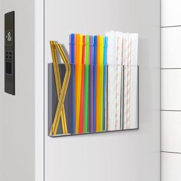 Imagem de Suporte de canudo magnético transparente, organizador de canudo de armário com fita adesiva dupla face, recipiente de armazenamento de canudo alto reutilizável, dispensador de canudos para geladeira