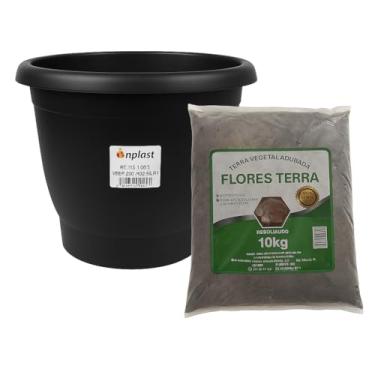 Imagem de Vaso Plástico Grande para Plantas, 44L, Preto, Resistente, com Terra Vegetal Adubada Flores Terra 10kg