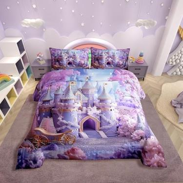 Imagem de Erosebridal Jogo de cama castelo sonhador roxo para meninas, castelo de princesa, rosa, flor de cerejeira, estética, romântica, conjunto de cama com 2 fronhas