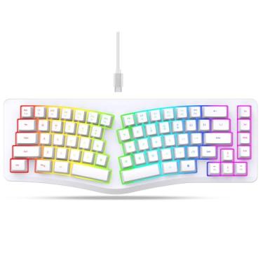 Imagem de Yunseity Teclado ergonômico dividido, 69 teclas com 18 modos RGB retroiluminado para computador, teclas confortáveis, espaços compartilhados, design dividido para digitação confortável (branco)