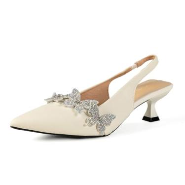 Imagem de Salto gatinho feminino com strass, borboleta, bico fino, para convidados de casamento, coquetel, formatura, noite ou eventos formais, salto baixo elegante para mulheres, Off-white, 41