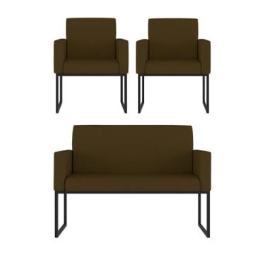 Imagem de Kit 2 Poltrona + Sofá 2 Lugares com Base Ferro Preta Courino Cor:marrom