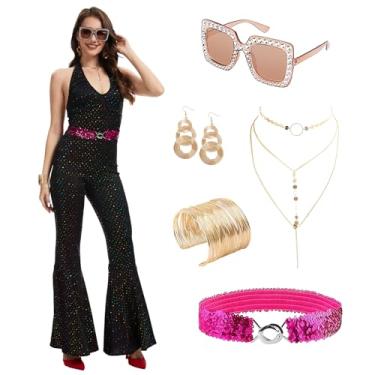 Imagem de NFAUEIK 6 peças de macacão feminino de discoteca dos anos 70, roupas hippie femininas, acessórios de discoteca para festa de Halloween, Preto, X-Large