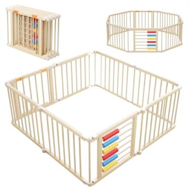 Imagem de KidsBuddy Baby Playpen,Wooden Foldable Playpen for Toddlers and Babies with Locking Gate, 8 Panels Baby Fence, Indoor Play Yard with Abacus, Kids Activity Center