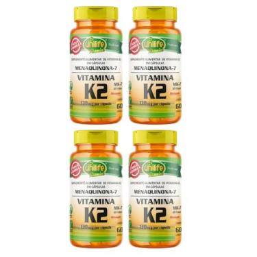 Imagem de kit 4 Vitamina K2 - Menaquinona 130mcg - 60 cápsulas Unilife Vitaminas Suplementação de Metabolismo ósseo