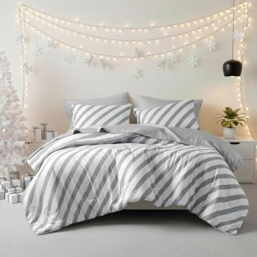 Imagem de Jogo de cama King listrado reversível em uma bolsa, 7 peças, design de listras de dois lados, conjunto de cama quente e aconchegante, inclui edredom king, conjunto de lençóis, fronhas e fronhas, cinza