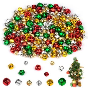 Imagem de 200 sinos para artesanato, 4 cores de sinos pequenos de Natal com som alto, mini sinos de artesanato coloridos a granel para decoração de Natal, Halloween, casa e animais de estimação (0,3/0,4/1,2 cm)
