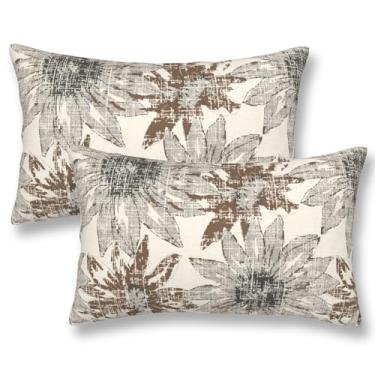 Imagem de ZYNTIRAX Capas de almofada floral cinza marrom retrô flores de girassol 30,5 x 50,8 cm conjunto de 2 fronhas de almofada retangular com estampa floral de arte moderna para sofá-cama de casa