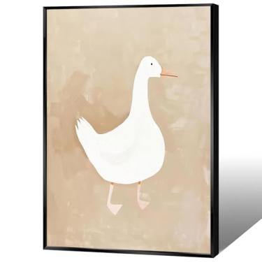 Imagem de Arte engraçada de parede de pato branco vintage arte de parede em tela animal fofo ganso branco berçário pôster estético bege neutro pintura animal de fazenda para sala de estar, quarto, decoração de