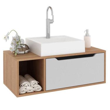 Imagem de Balcão Gabinete Para Banheiro Suspenso Bn3644 Amêndoa Branco - Tecnomobili