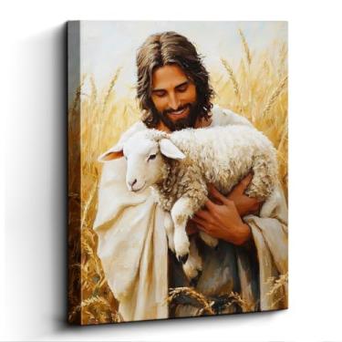 Imagem de WOXZQ Arte de parede de Jesus, bom pastor segurando cordeiro, decoração de parede cristã, impressão em tela laminada sem moldura, pôster inspirador, para presente de quarto de oração do berçário, 30 x