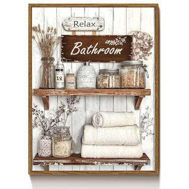 Imagem de Tela de banheiro rústica emoldurada arte de parede casa de fazenda marrom sais de banho pote toalha pintura decoração de parede flor campo relaxar sinais de banheiro impressão arte para sala de estar