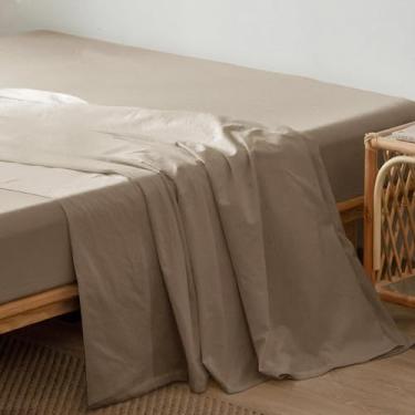 Imagem de MooMee Lençol de cima liso 100% linho de algodão lavado, texturizado, respirável, durável, macio e confortável (marrom mocha, Queen)