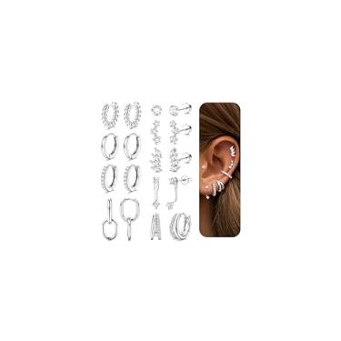 Imagem de LOLIAS Brincos hipoalergênicos de costas planas para mulheres, brincos de cartilagem banhados a ouro 14K, brincos de aço inoxidável cirúrgico de 20 g, pequenos conjuntos de brincos de argola para