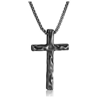 Imagem de Esrial Colar com cruz martelada para homens, pingente de cruz martelada com corrente de caixa vintage exclusivo crucifixo para homens, 45 a 61 cm, colar de cruz cristã, religioso, presente de Natal
