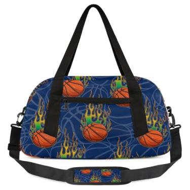 Imagem de Bolsa de viagem de academia para meninos – Bolsa infantil de fim de semana com bolso frontal com zíper para prática escolar, bolsas de mão para adolescentes, Bola de basquete Blue Fire, Esportivo