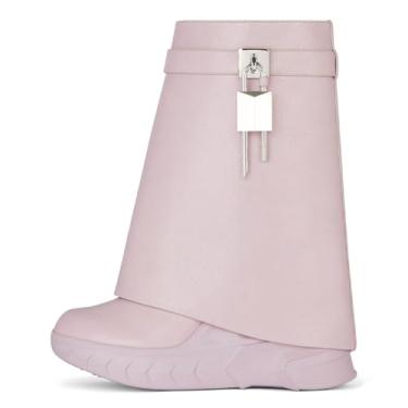 Imagem de HoanTiai Botas femininas com cadeado no tornozelo, botas dobráveis, plataforma, bico redondo, cano médio, botas curtas modernas, confortáveis, rosa, 40