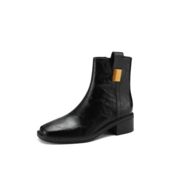 Imagem de TinaCus Bota feminina feita à mão de couro legítimo com zíper lateral clássica bico quadrado salto baixo retrô, Preto, 37