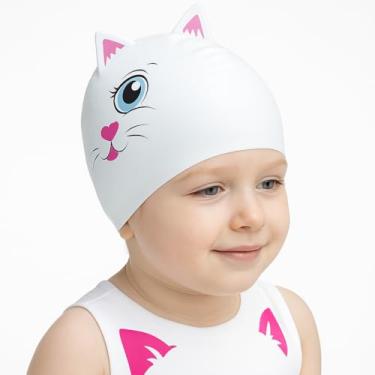 Imagem de Touca de Natação Infantil com Design de Gatinho, Branca com Detalhes Rosa, Material de Silicone, para Piscina e Banho