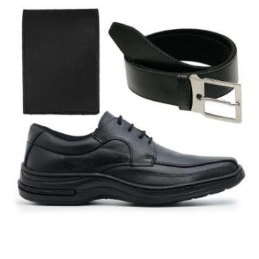 Imagem de Kit Sapato Social Masculino Confortável Couro Legitimo Ortopédico Cadarço+Carteira+Cint...