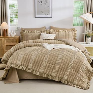 Imagem de WONGS BEDDING Conjunto de edredom king-size, cáqui, 7 peças, com lençóis, cama texturizada em uma bolsa para cama king size, 264 cm x 224 cm