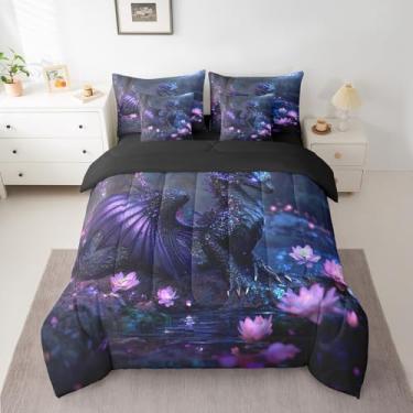 Imagem de Feelyou Jogo de edredom Queen com estampa de dragão, para meninos, meninas, adolescentes, vida selvagem, 7 peças, decoração de quarto, preto e roxo