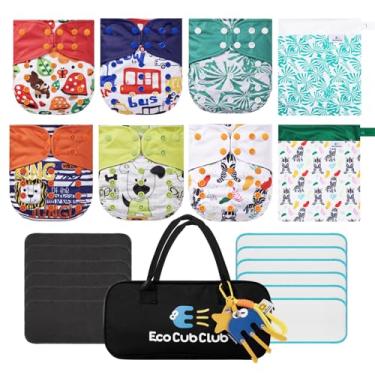 Imagem de ECOCUBCLUB Reforços duplos reutilizáveis e laváveis à prova de vazamento, forro de lã, fraldas de pano ajustáveis para bebês, 6 peças com 12 inserções de lã macia e 2 sacos para itens úmidos