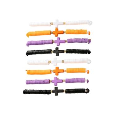 Imagem de Kysin Chiys 8 pulseiras de cruz com cartão Jesus pulseiras artesanais elásticas coloridas contas de argila religiosas pulseiras cristãs para mulheres domingo, Natal, Halloween, petisco sem doces