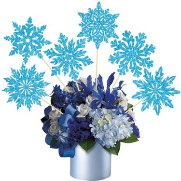 Imagem de Ephlyn 12Pcs Snowflake Centerpiece Sticks Frozen Snowflake Table Flower Centerpieces Christmas Floral Decorations for Winter Wonderland Baby Shower Frozen Birthday Party Supplies Blue