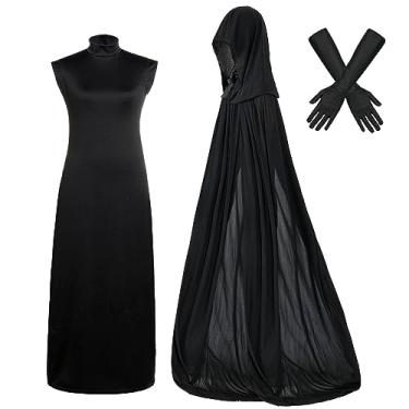 Imagem de hoyuwak Fantasia de bruxa preta para mulheres, acessórios de fantasia de vampiro de Halloween (incluindo capa com capuz de malha, vestido, luvas)