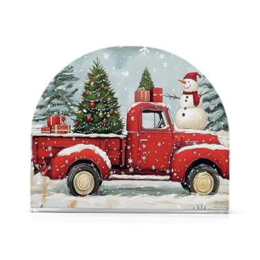 Imagem de Porta-guardanapos de Natal para mesas caminhão vermelho carro árvores de natal bonecos de neve suporte de guardanapo de pé placa de acrílico de Natal papel férias de inverno porta-guardanapos