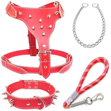 Imagem de Peitoral Ajustável para Cachorro com Cravos, Coleira e Guia Antipuxão - Ideal para Raças como Pit Bull, Rottweiler, Bull Terrier, American Bully, Boxer(Vermelho)