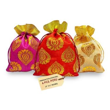 Imagem de Set de 6 Bolsas Potli Artesanales de 23x15 cm en Organza para Regalos 
