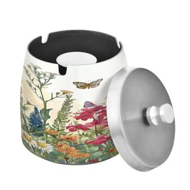 Imagem de Blueangle Cinzeiro de flores silvestres com borboletas com tampa para cigarros, à prova de vento/à prova de chuva, aço inoxidável, sem fumaça, inodoro, cinzeiro para uso interno ou externo (349)