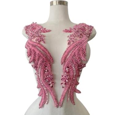 Imagem de Jpumley.pksn Apliques de renda de strass feitos à mão costurados em miçangas para acessórios de roupas de vestido 1 par/bolsa 14 x 20 cm (rosa)