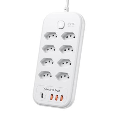 Imagem de Extensão Tomada Régua de Energia, Régua Tomada 10A, 3 Interfaces USB, 2 Porta USB Tipo-C, Cabo de Alimentação de 2 metros, Potência de 2500W Bivolt 110-250V Filtro de Linha (10 Tomadas)