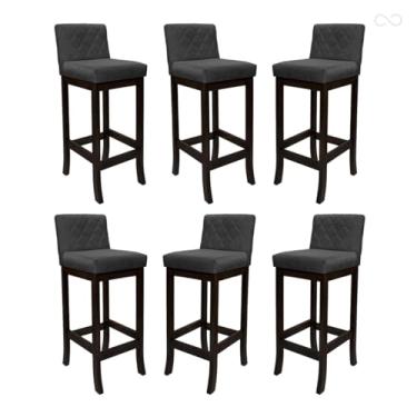 Imagem de Kit 6 Banquetas Alta com Encosto Matelassê Tóquio Madeira Maciça Maciça Suede Cinza CCS