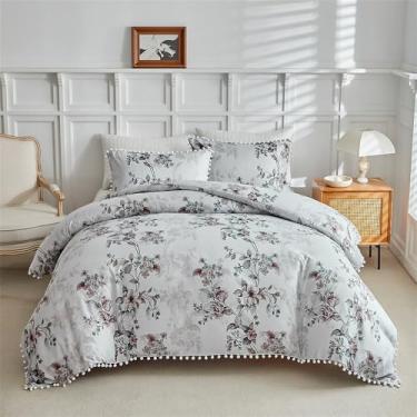 Imagem de XLCZMYL Conjunto de capa de edredom de 3 peças, design de estampa floral, decoração de bola de borla, conjunto de capa de edredom estilo boêmio, adequado para todas as quatro estações, 02, casal
